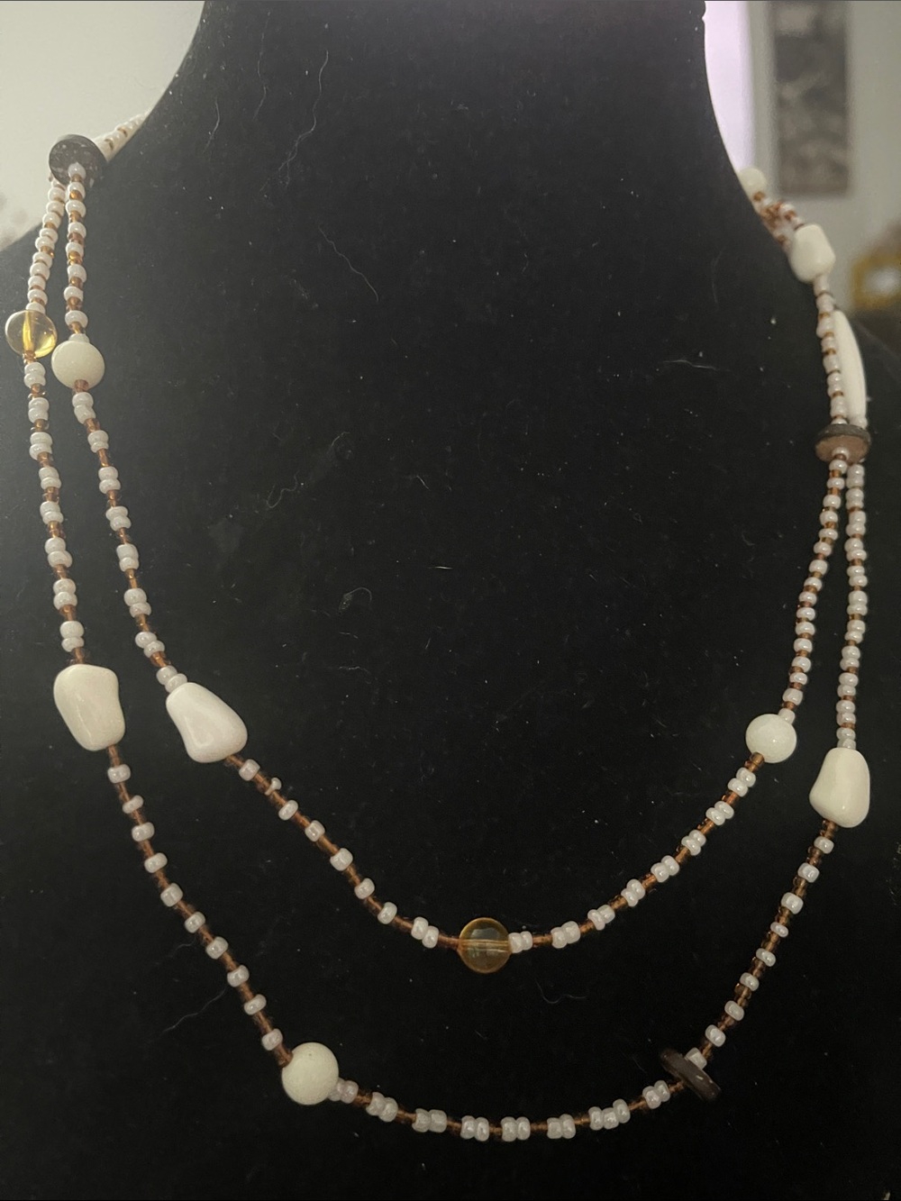 Delicate White and Brown Beaded Layered Necklace
